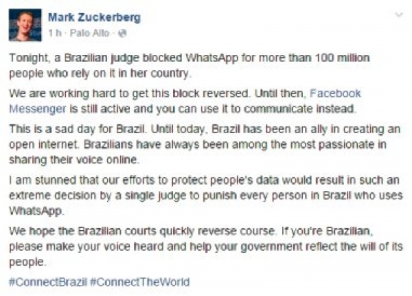 “Um dia triste para o país”, afirma Mark Zuckerberg após bloqueio do WhatsApp