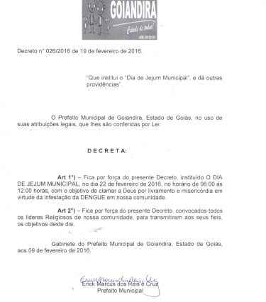 Prefeito decreta jejum em combate a dengue