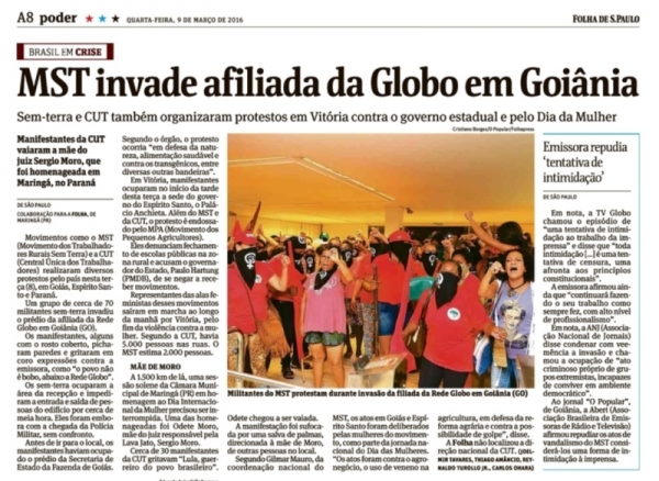 Folha de São Paulo destaca invasão ao Grupo Jaime Câmara